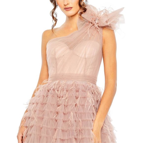 MAC DUGGAL ONE SHOULDER FAUX BOW FEATHER TIERED A LINE GOWN - Picture 3 of 11